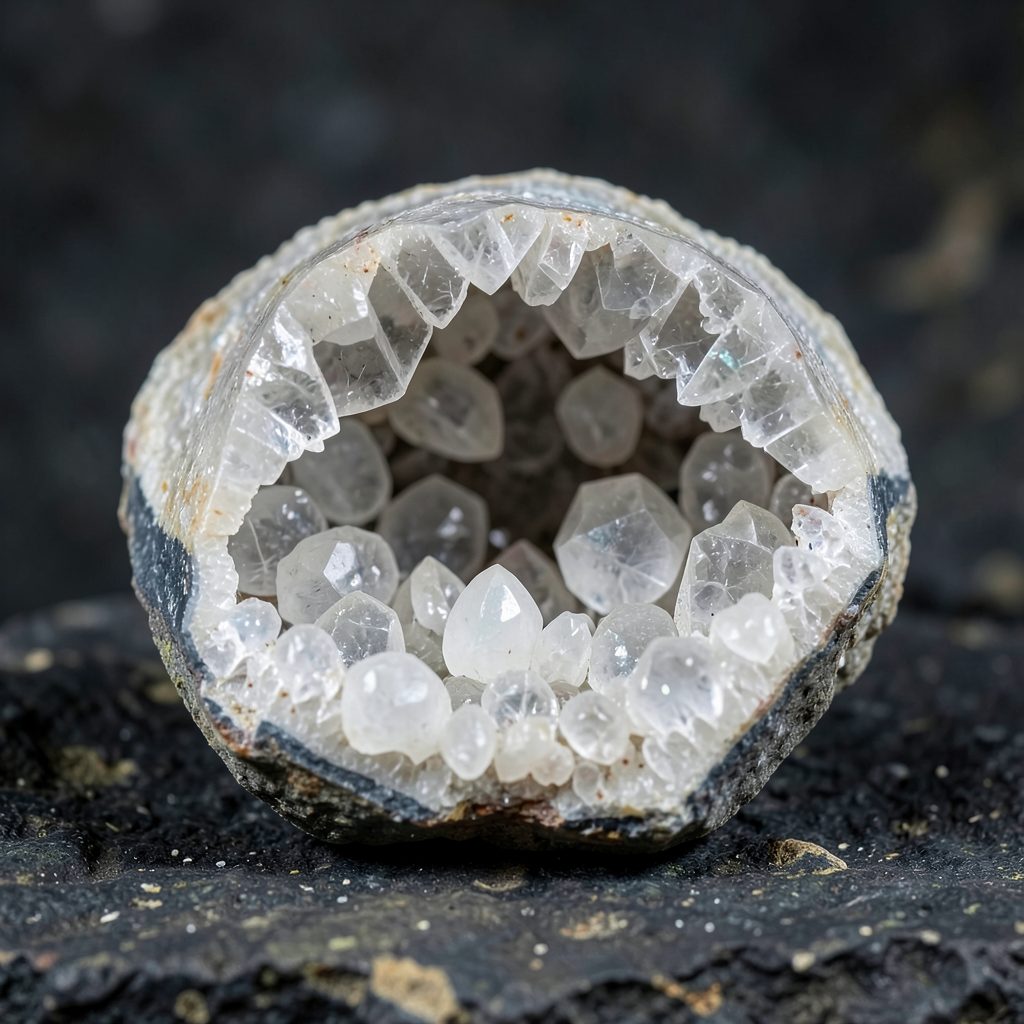 Géode de quartz brut ouverte révélant des cristaux blancs scintillants sur une surface minérale sombre