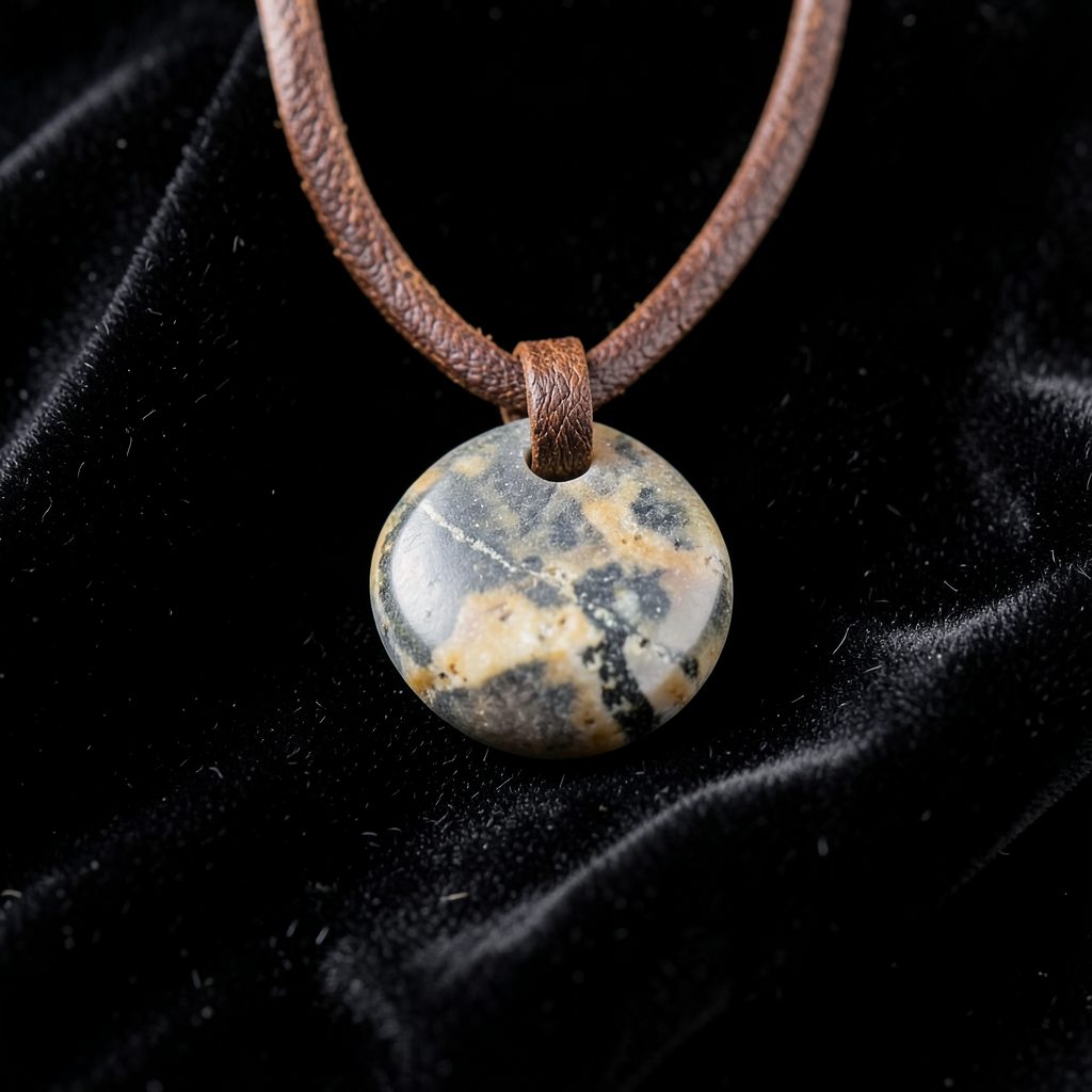 Pendentif en pierre naturelle monté sur cordon de cuir posé sur un tissu de velours noir