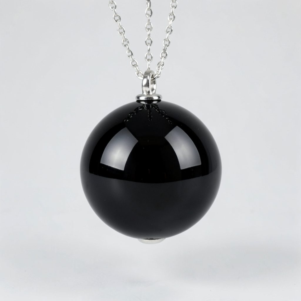 Pendule en obsidienne noire, forme sphérique, chaîne argentée