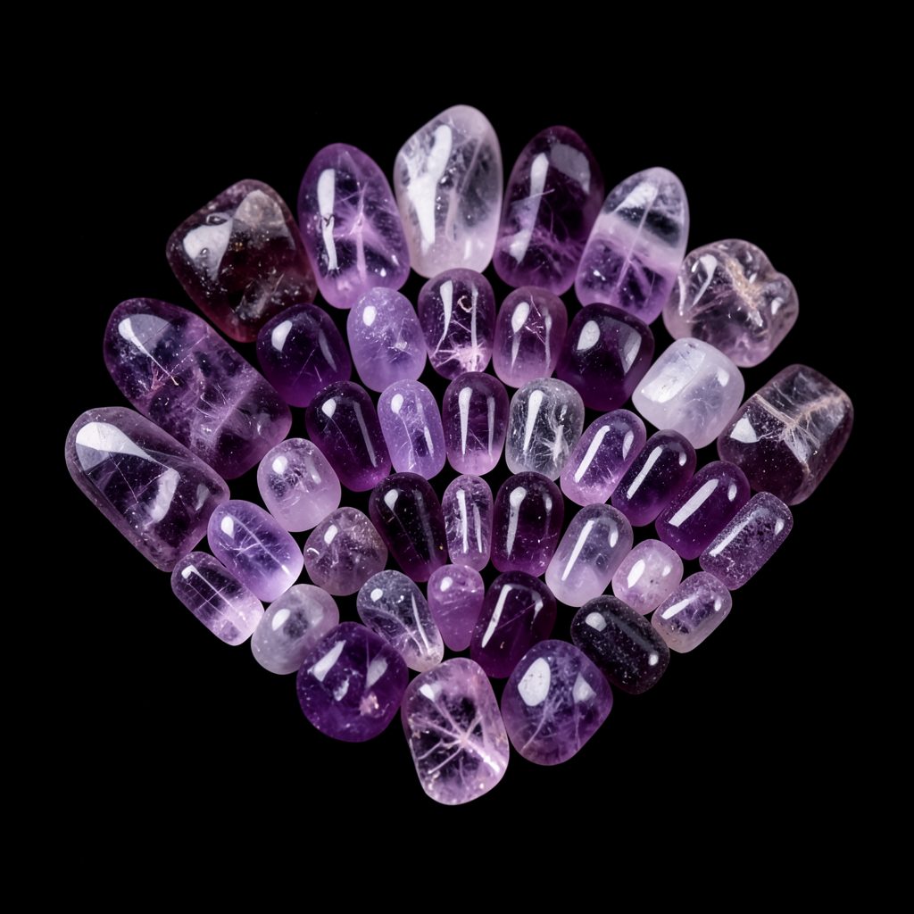 Lot de pierres roulées d'améthyste aux teintes violettes profondes disposées en éventail sur fond noir