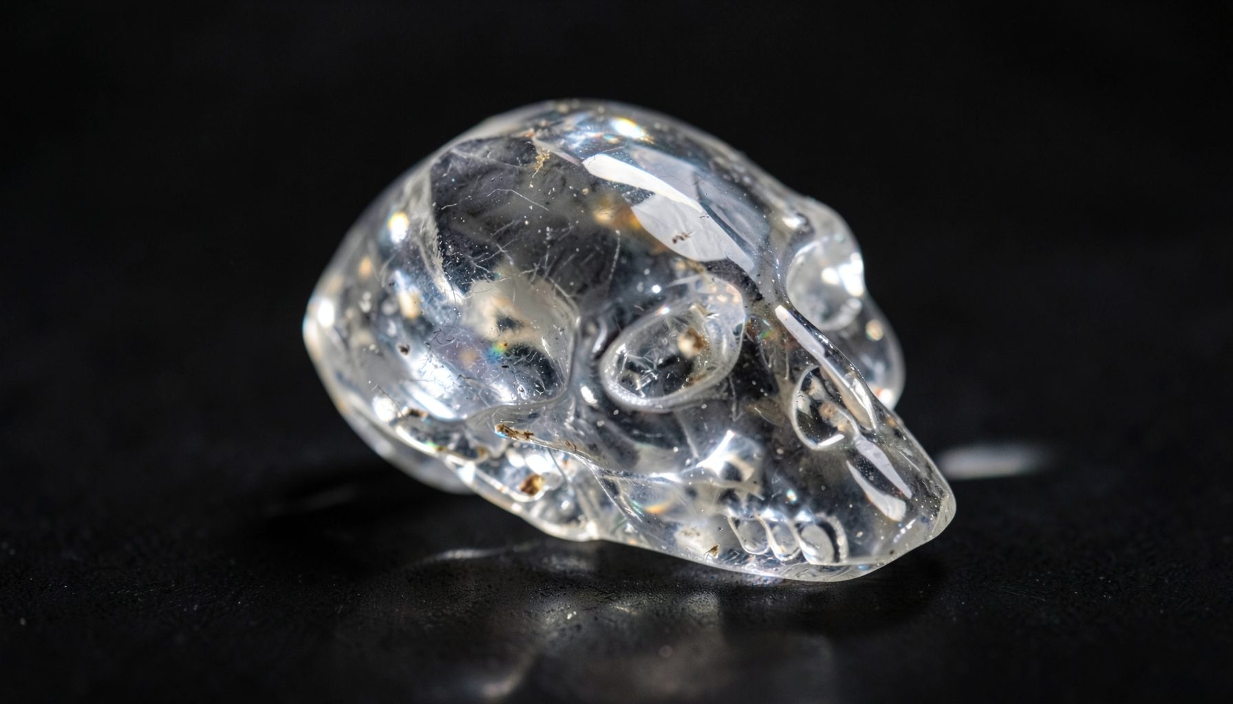 Crâne en cristal de roche translucide posé sur une surface sombre avec une lumière douce traversant la pierre